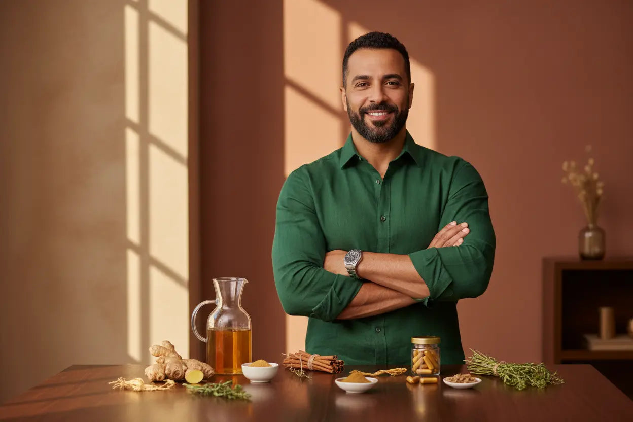 علاج البرد القديم الشامل - رجل مغربي واثق مع مكونات طبيعية لباقة القوة الذكورية
