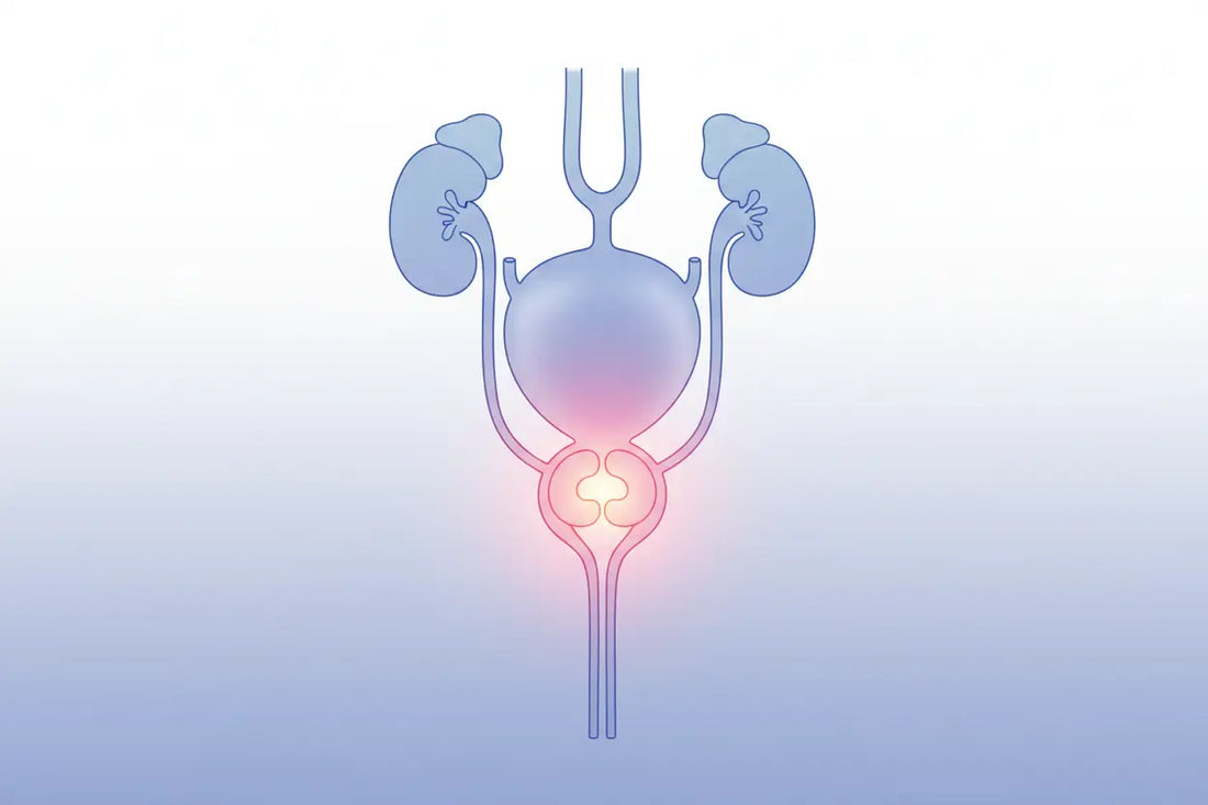 أعراض التهاب البروستاتا - رسم توضيحي طبي للجهاز البولي والبروستاتا عند الرجال