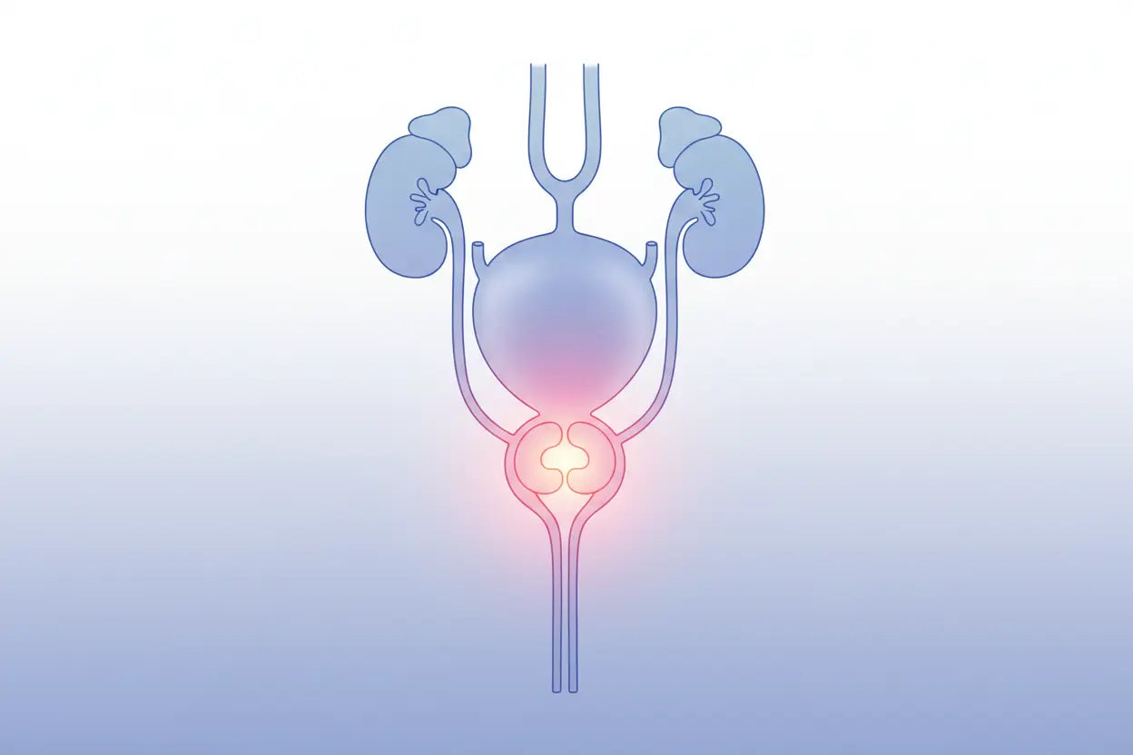 أعراض التهاب البروستاتا - رسم توضيحي طبي للجهاز البولي والبروستاتا عند الرجال