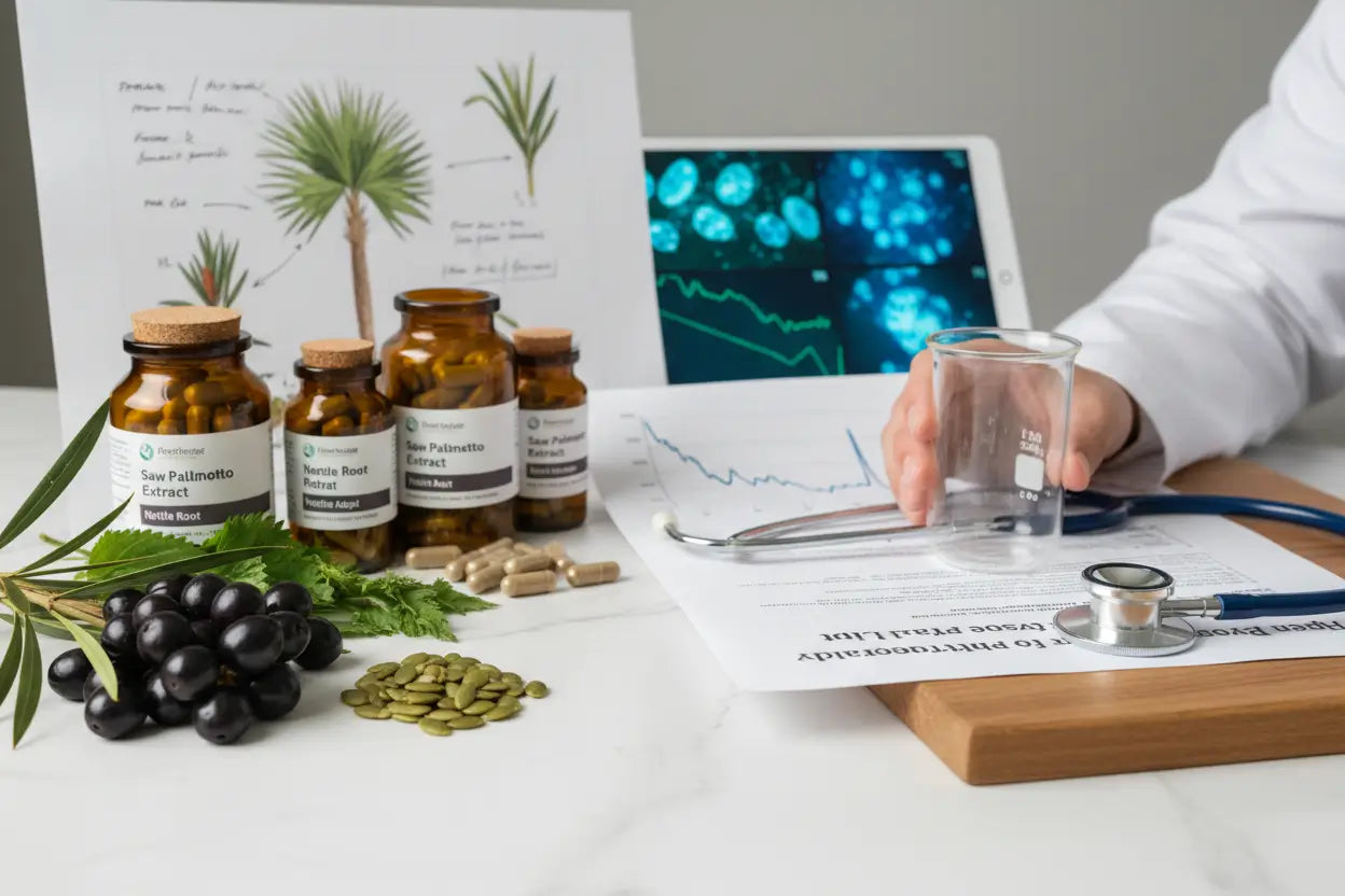 فعالية العلاجات الطبيعية لصحة البروستاتا - دراسات علمية ومكونات طبيعية مثل البلميط المنشاري والقراص مع عناصر بحثية